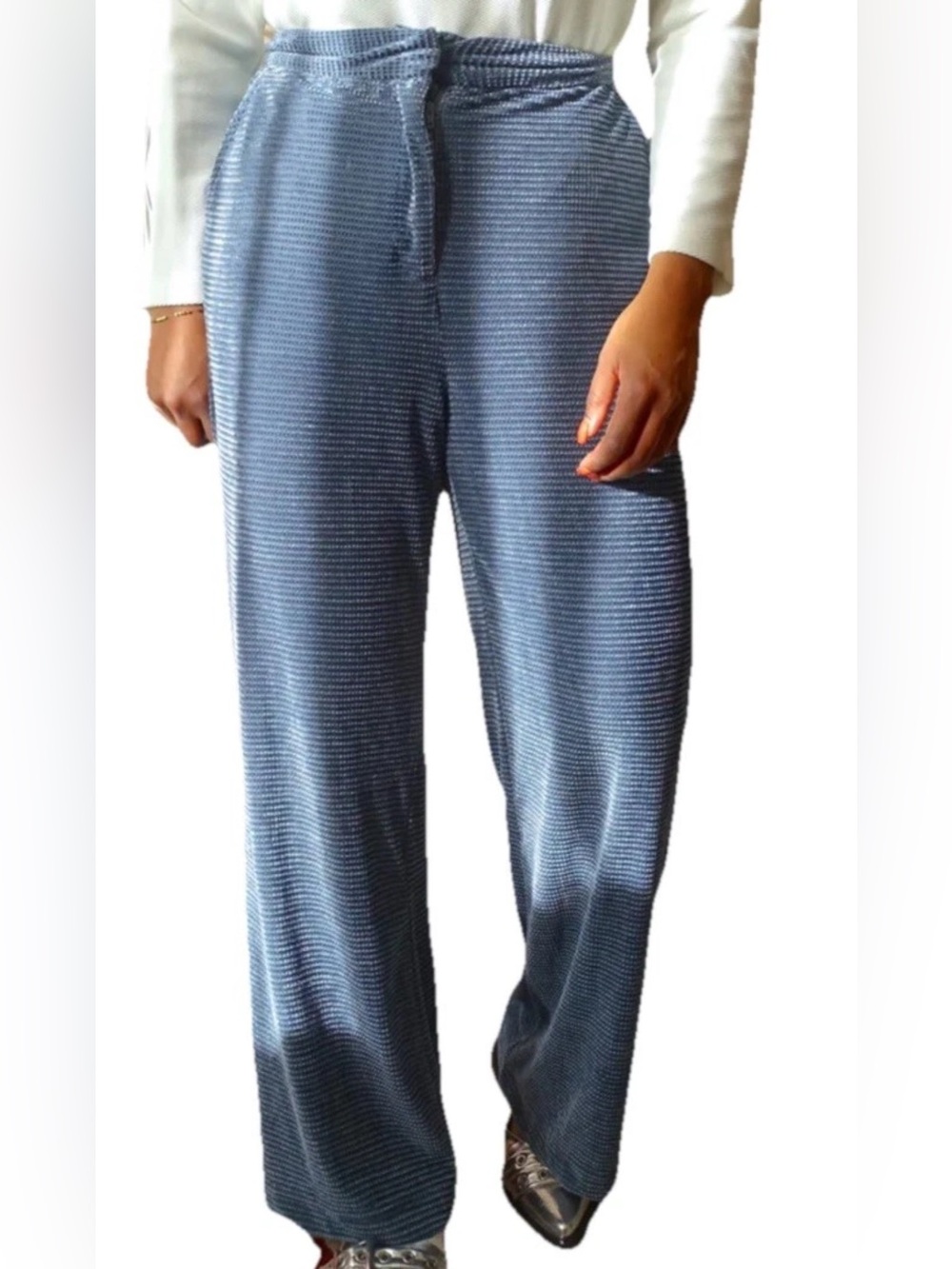 FRNCH  Paris Velvet Blue Rib Wide Leg Pants, Large